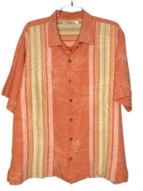 Tommy Bahama Orange Palm Silk Camp Shirt Hawaiian Tropical Stripes Men’s Large